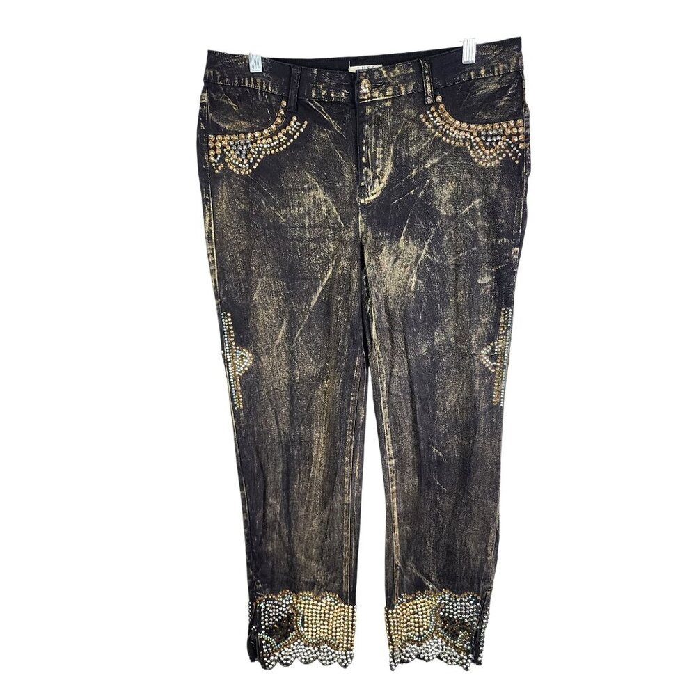 Womens Black Gold Luxe Moda Denim Jeans Rhinestone Embellished Side Zippers 12